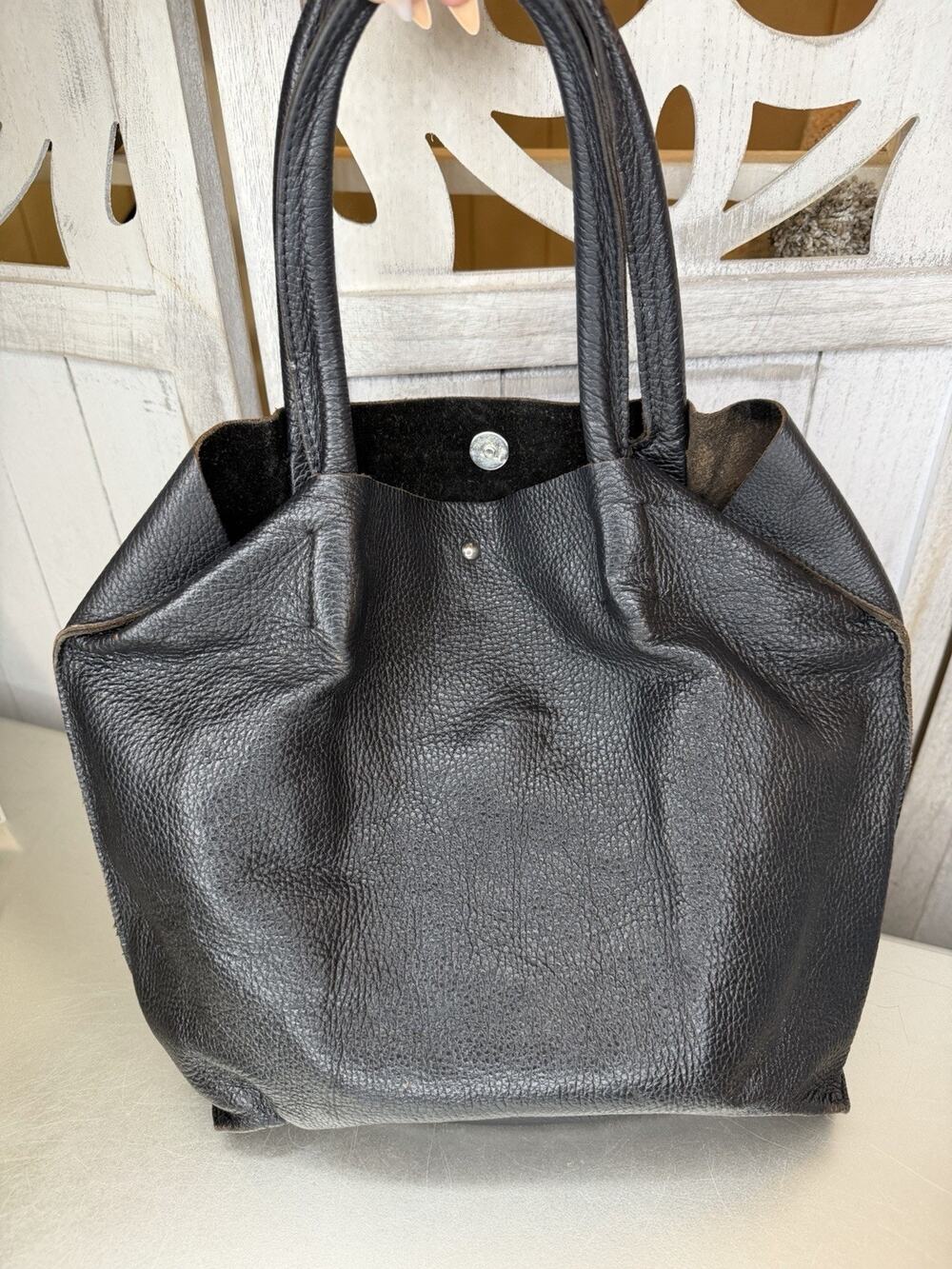 Made In Italy Black Pebbled Leather Slouchy Hobo Tote Raw Leather Interior